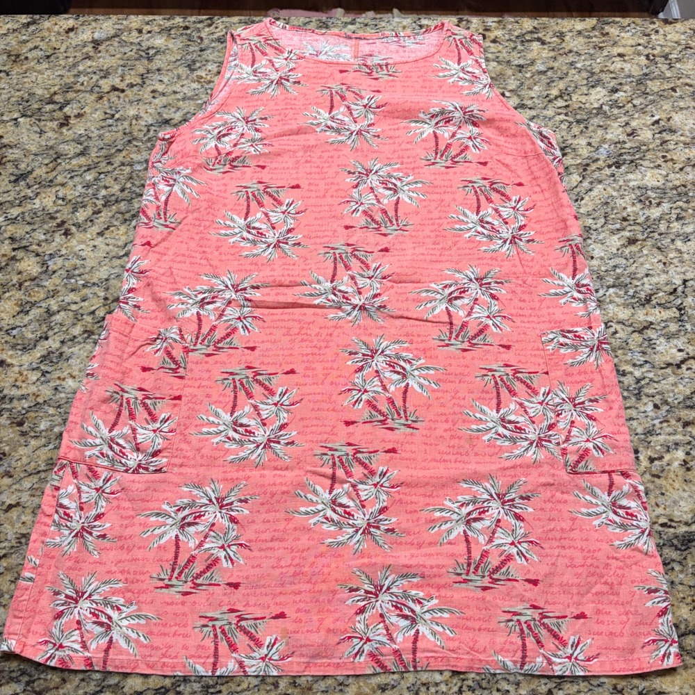 Tropical Palm Tree Script Print Sleeveless Pocket Shift Dress Coral Pink XL